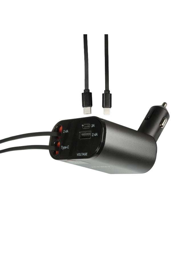 Jeebel Car charger with two cables, a Lightning cable, a retractable USB-C cable, a USB-C port and a USB port, a 120-watt multi-use fast charging charger - Image 4